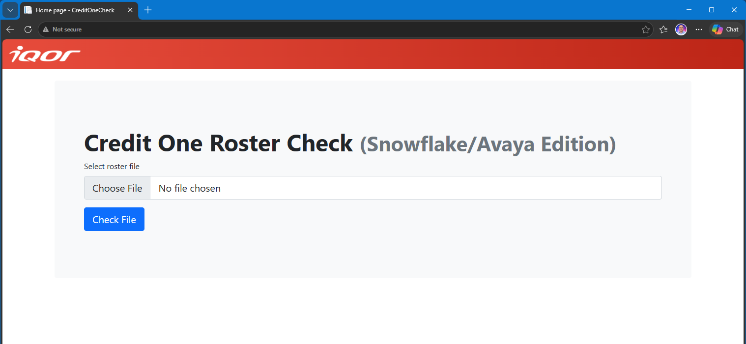CreditOne Roster Validation upload screen with roster file chooser and Check File button